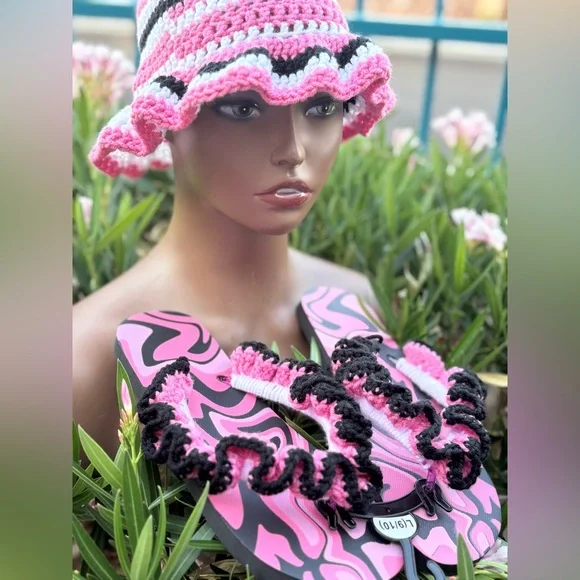 Vibrant Pink and Black Crochet Wavy Brim Hat | Flip Flops with Ruffles - Picture 4 of 12
